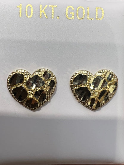 1668- NEW 10K Heart Shape Nugget Earrings (10.4x12.2mm) W.G