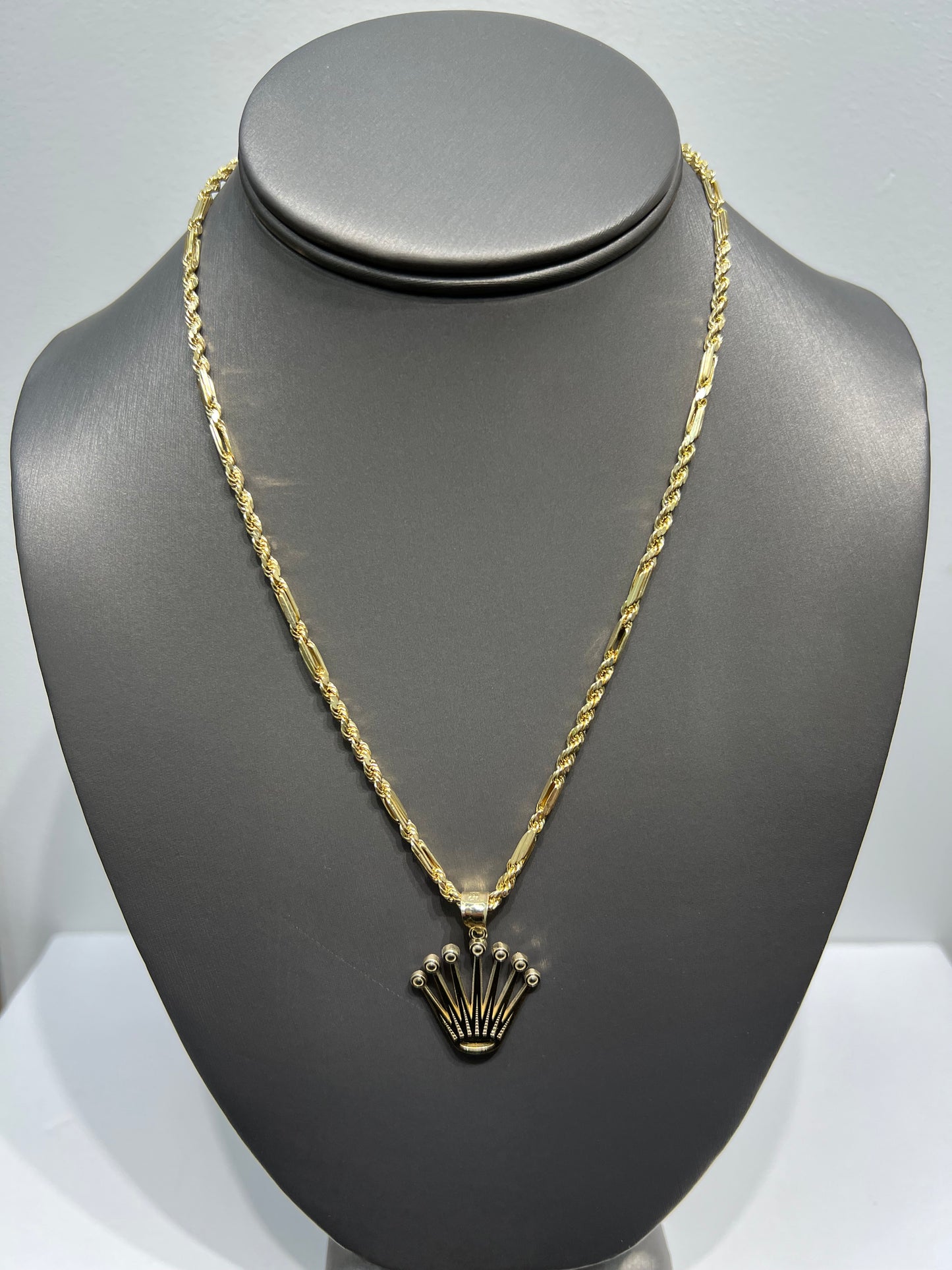 C51- NEW 10K Milano Chain & Rolex Crown Pendant SET W.G