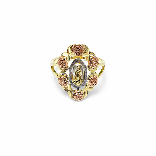 1594- NEW 14k Tri Color Lady of Guadalupe with Flowers Ring W.G