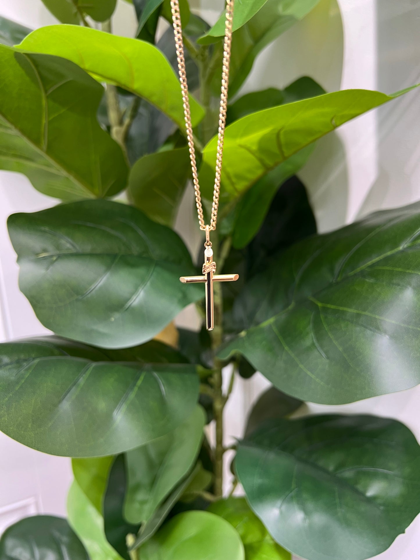 C53- NEW 10K Hollow Cuban Curb Chain Two Tone & Cross Pendant SET W.G