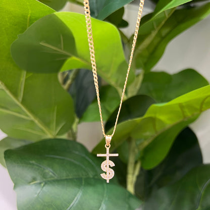 1292- 14K Gold Cross With Dollar Sign Pendant W.G