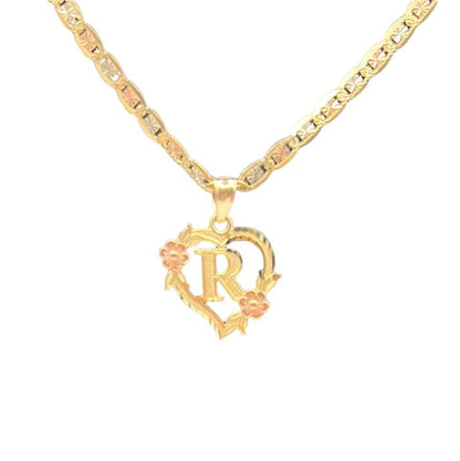 00177- Colgante en forma de corazón con la letra “R” de oro de 14 quilates