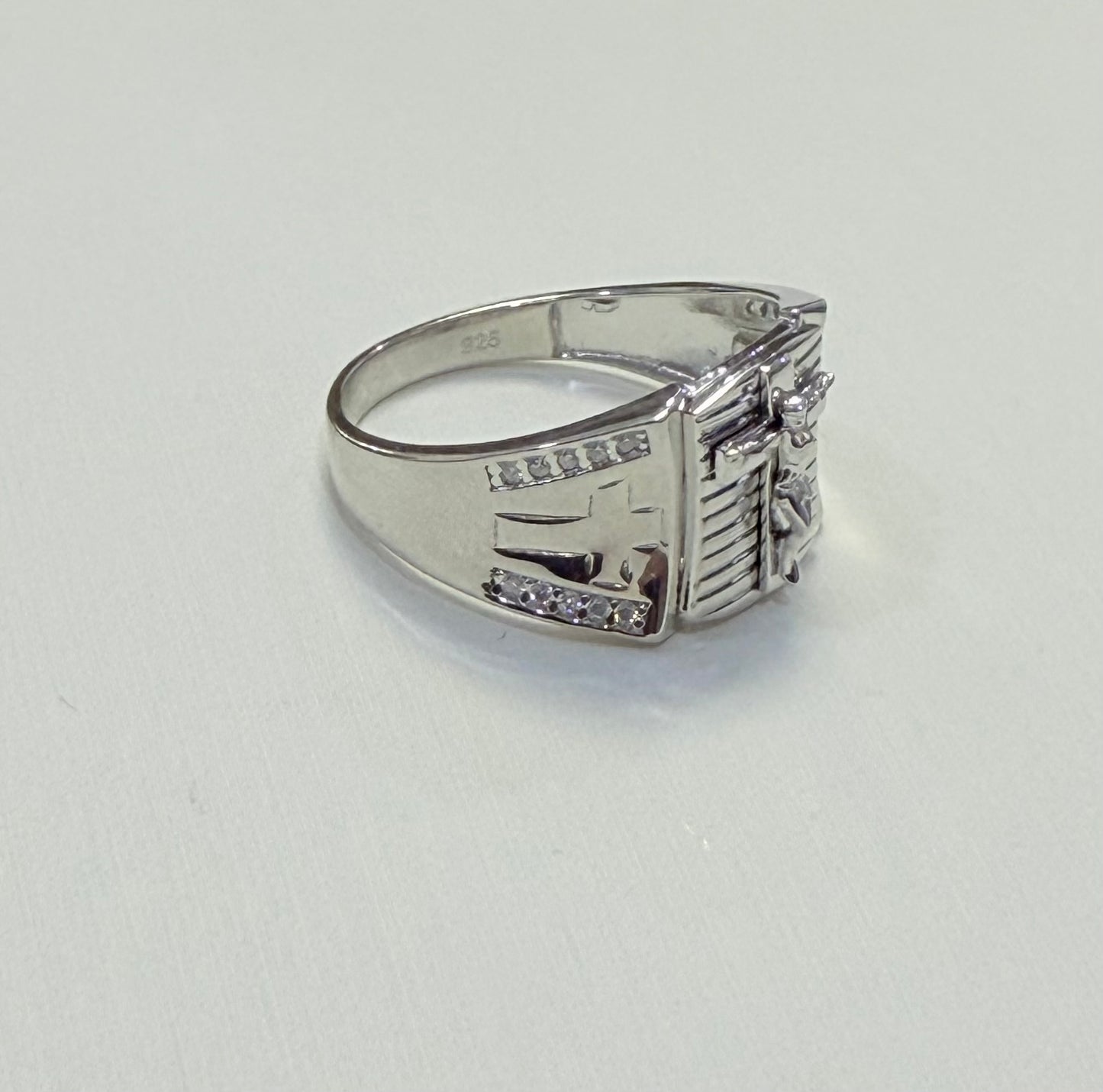 S1140- .925 Sterling Silver & Moissanite Crucifix Men’s Ring W.G