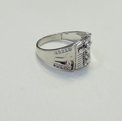 S1140- .925 Sterling Silver & Moissanite Crucifix Men’s Ring W.G