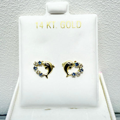 1067-NEW 14K Heart Shape Dolphin & Blue Cz Stone Stud Earrings W.G