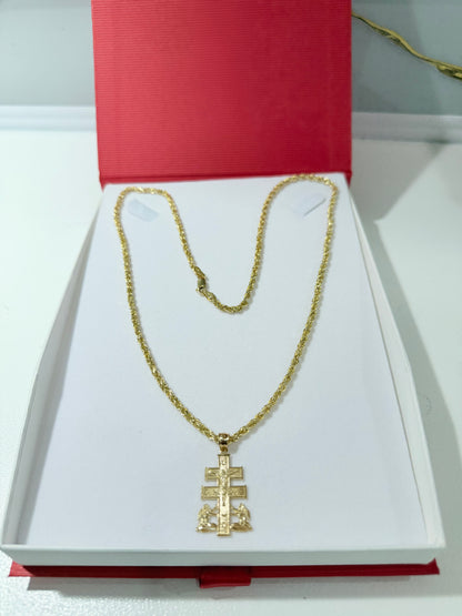C79- NEW 14K Hollow Rope Chain 22” (3mm) & 14K Caravaca Pendant W.G