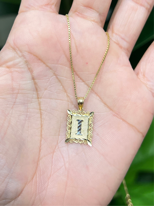 0074- NEW 14K Square Letter “I” Gold Square Pendant W.G