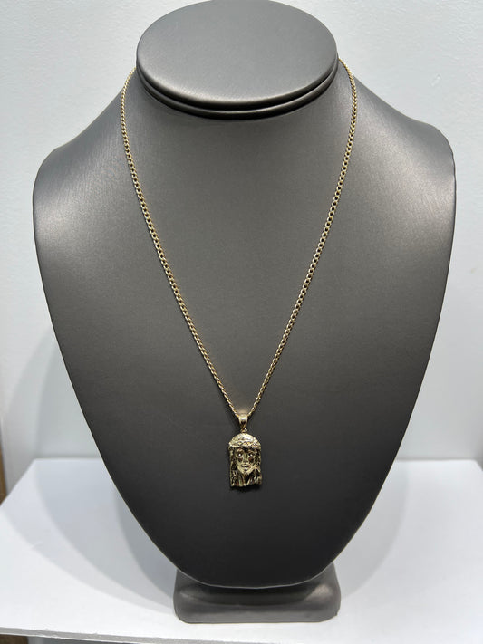 C55- NEW 10K Hollow Cuban Curb Two Tone Chain & Jesus Face Pendant SET W.G