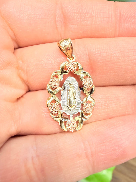 1612- NEW 14K Tri-Color Gold Our Lady Of Guadalupe Floral Pendant W.G