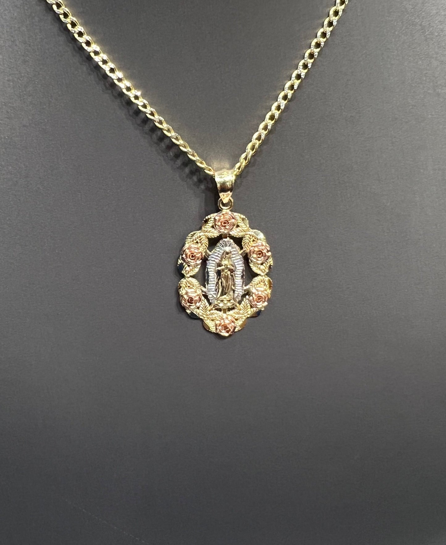 1336- NEW 14K Our Lady Of Guadalupe Rose Wreath Charm Two Tone W.G