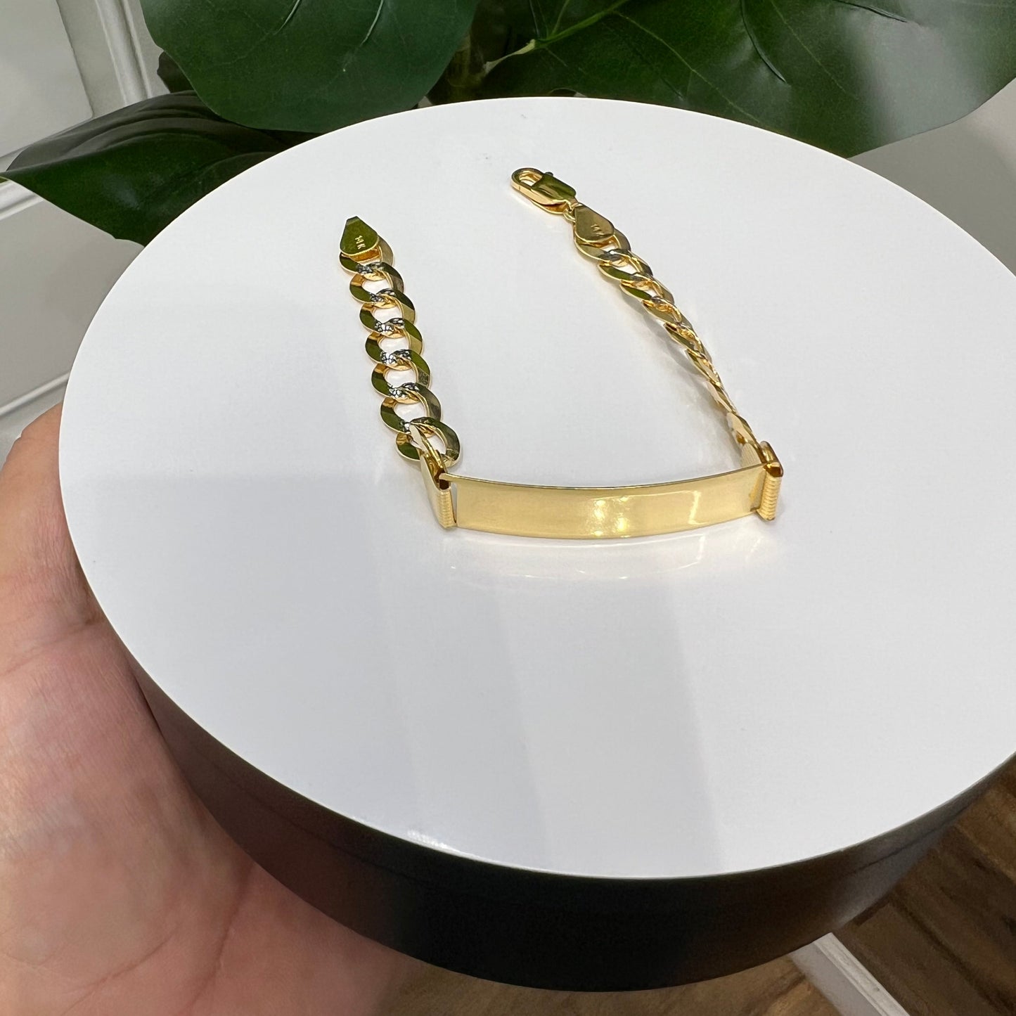 1235- NEW 14K Solid Flat Cuban Curb ID Bracelet Two Tone (9.5mm) W.G