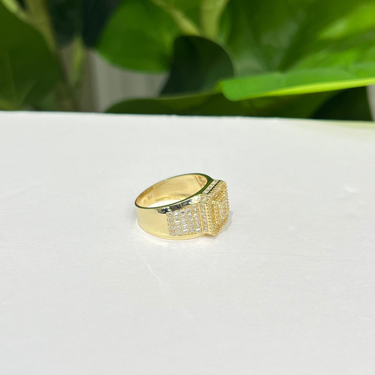 1351- NEW 14K Baguette Cut Square Ice Out Men's Ring W.G
