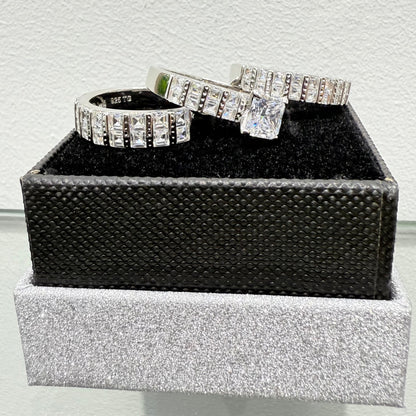 s1136- .925 Sterling Silver Wedding Ring Set W/ Square Cz Stone W.G