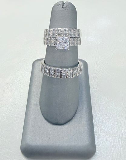 s1136- .925 Sterling Silver Wedding Ring Set W/ Square Cz Stone W.G