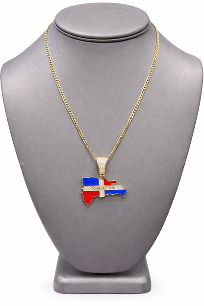 C59- NEW 14K Cuban Curb Chain 18" (2.8mm) & Dominican Republic Map/Flag Pendant Set