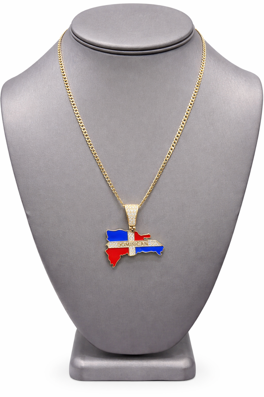 C59- NEW 14K Cuban Curb Chain 18" (2.8mm) & Dominican Republic Map/Flag Pendant Set