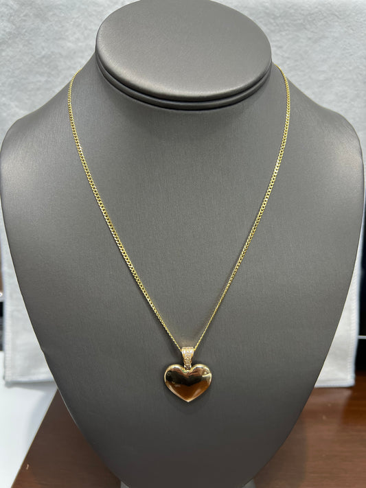 C70- 14K Solid Flat Cuban Curb Chain 18" (2.0mm) + 14K Heart Pendant SET W.G