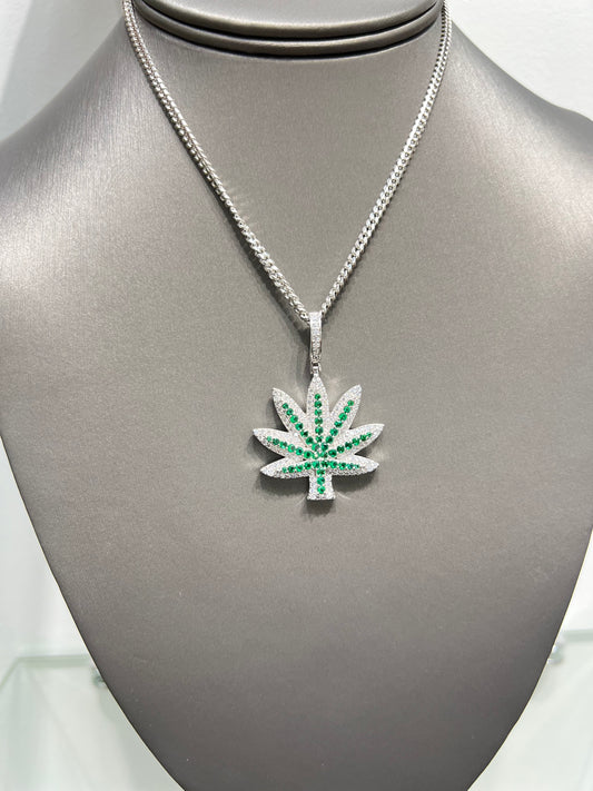 S414- NEW .925 Sterling Silver Cannabis Pendant W.G