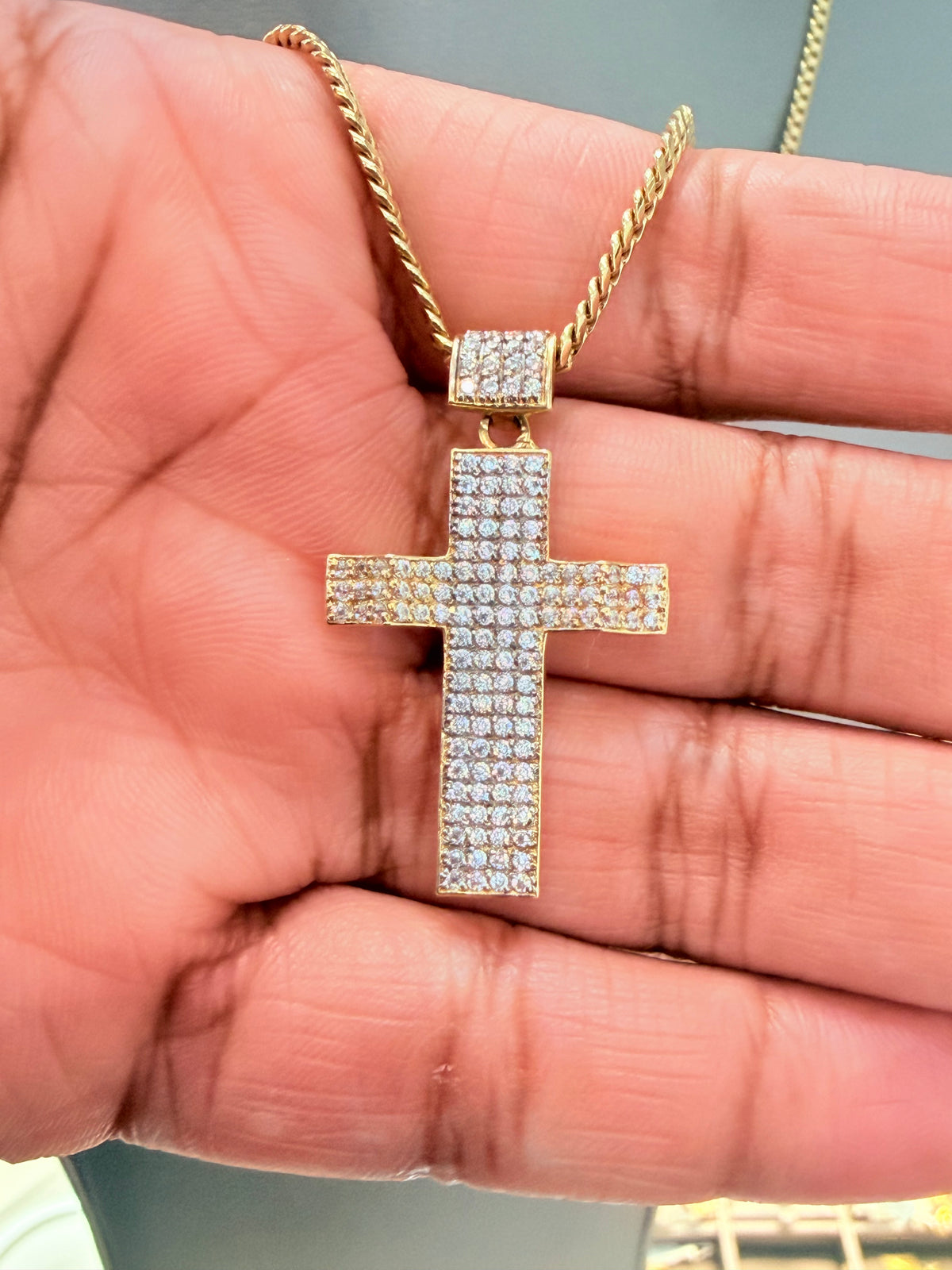 C76- NEW 14K Solid Miami Cuban Chain 20” (2.65mm) & 14K Cross Full Cz Pendant Set (W.G)