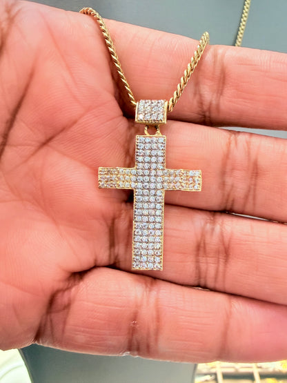C76- NEW 14K Solid Miami Cuban Chain 20” (2.65mm) & 14K Cross Full Cz Pendant Set (W.G)