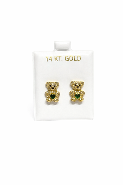 1204-NEW 14K Gold Teddy Bear Full Cz Green Earrings (10.5mm)W.G