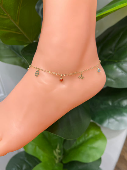 1157- NEW 14K Dangling Assorted Charms Anklet Bracelet 10” (1.8mm) W.G