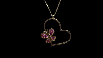 0096- Colgante de mariposa y corazón de oro de 14 quilates con collar de 22"