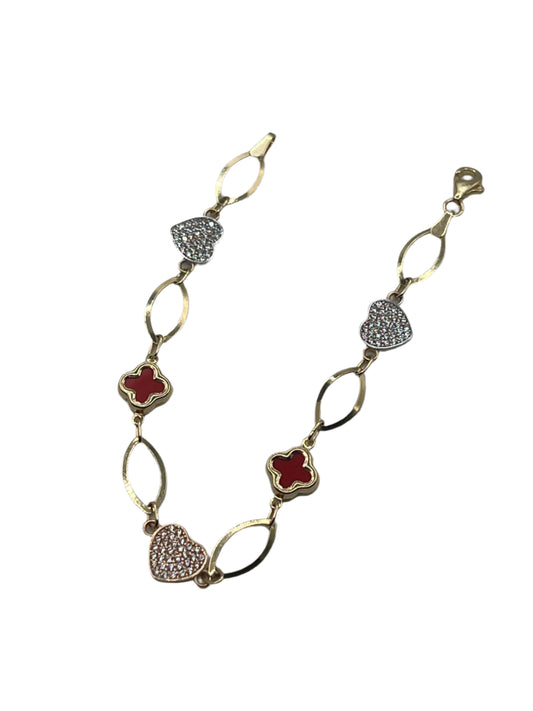 641- 14K Red clover & Heart Bracelet 7”