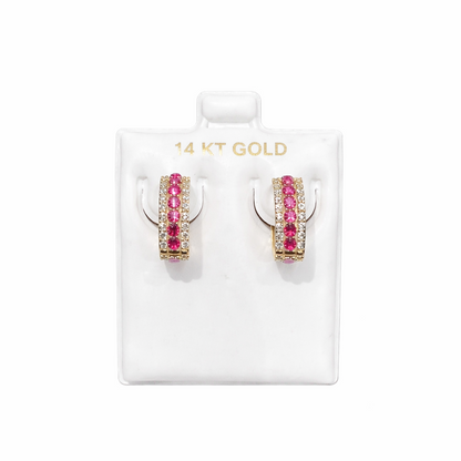 1543- 14K Gold Huggie Hoop Earrings Red & Clear Full Cz (14.5mm)W.G