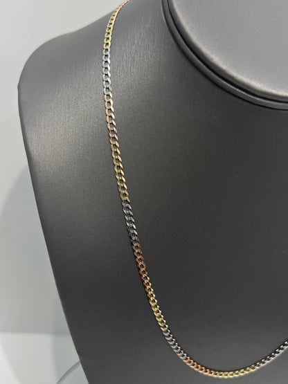 1446- NEW 14K Solid Tri Tone Cuban Curb Link Chain 20" (3.2mm) W.G
