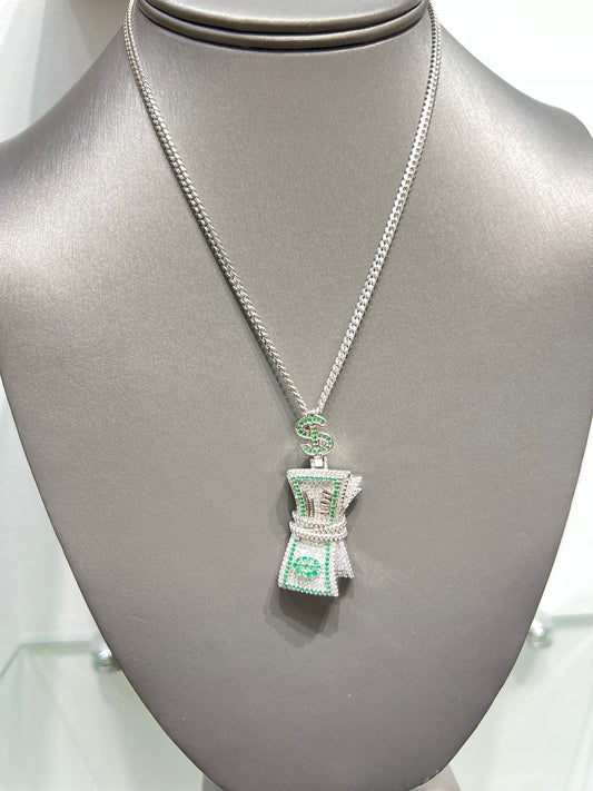 S409- NEW .925 Sterling Silver Bundle of Cash Pendant W.G