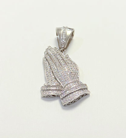 S405- NEW .925 Sterling Silver Full CZ Praying Hands Pendant W.G