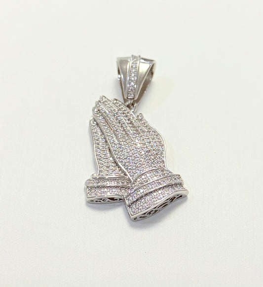 S405- NEW .925 Sterling Silver Full CZ Praying Hands Pendant W.G