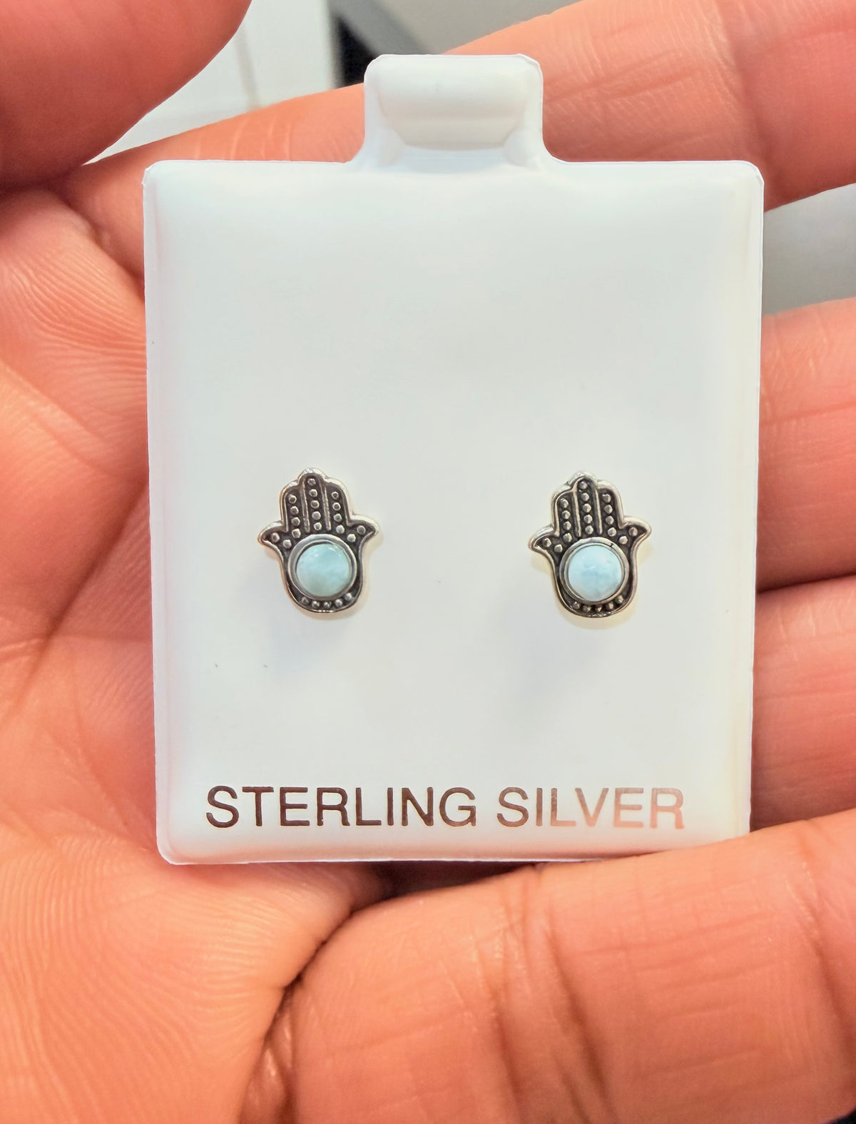 S768- .925 Sterling Silver Larimar Hamsa Hand Stud Earrings W.G