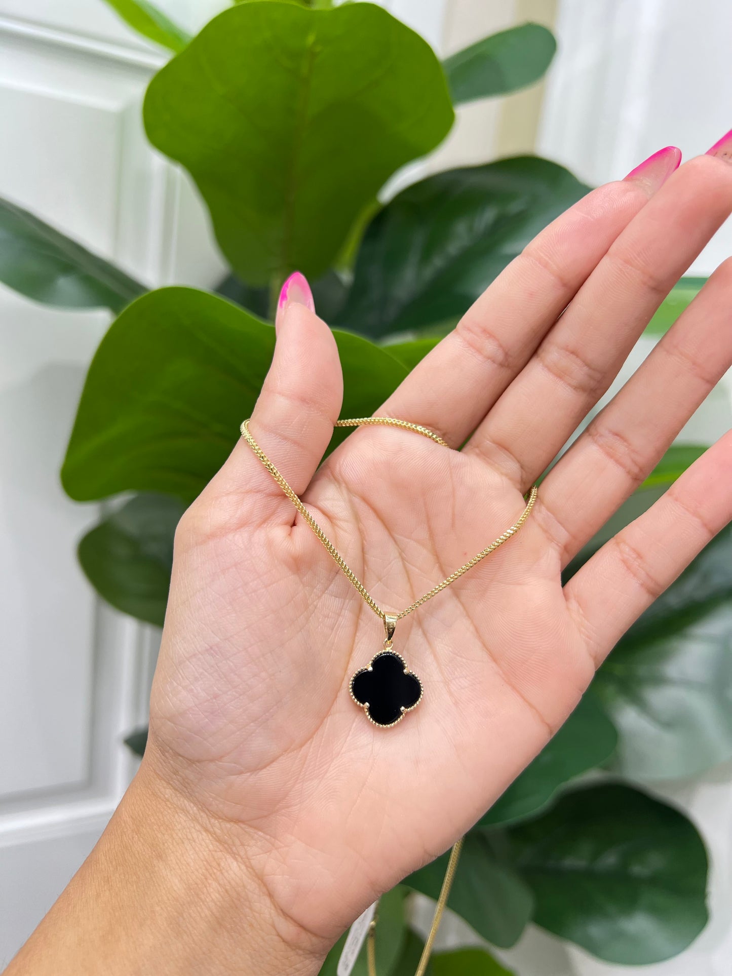 C9- NEW 14k Franco Chain & Black Clover Pendant SET W.G