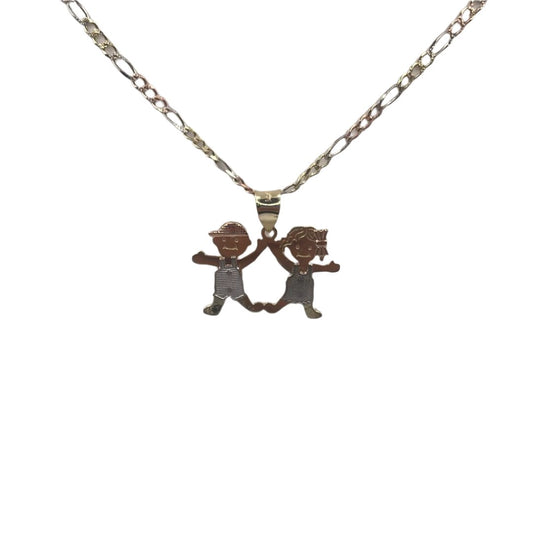 00120- NEW 14K Tricolor,  Two Kids Pendant (W.G)