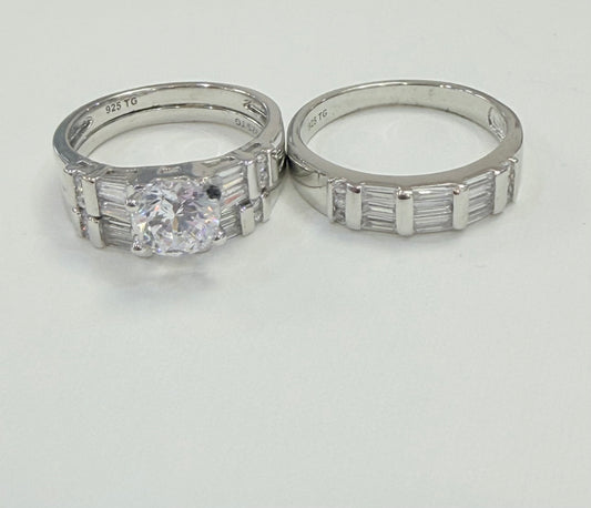 S1133- NEW .925 Sterling Silver Wedding Ring Set(3) W.G