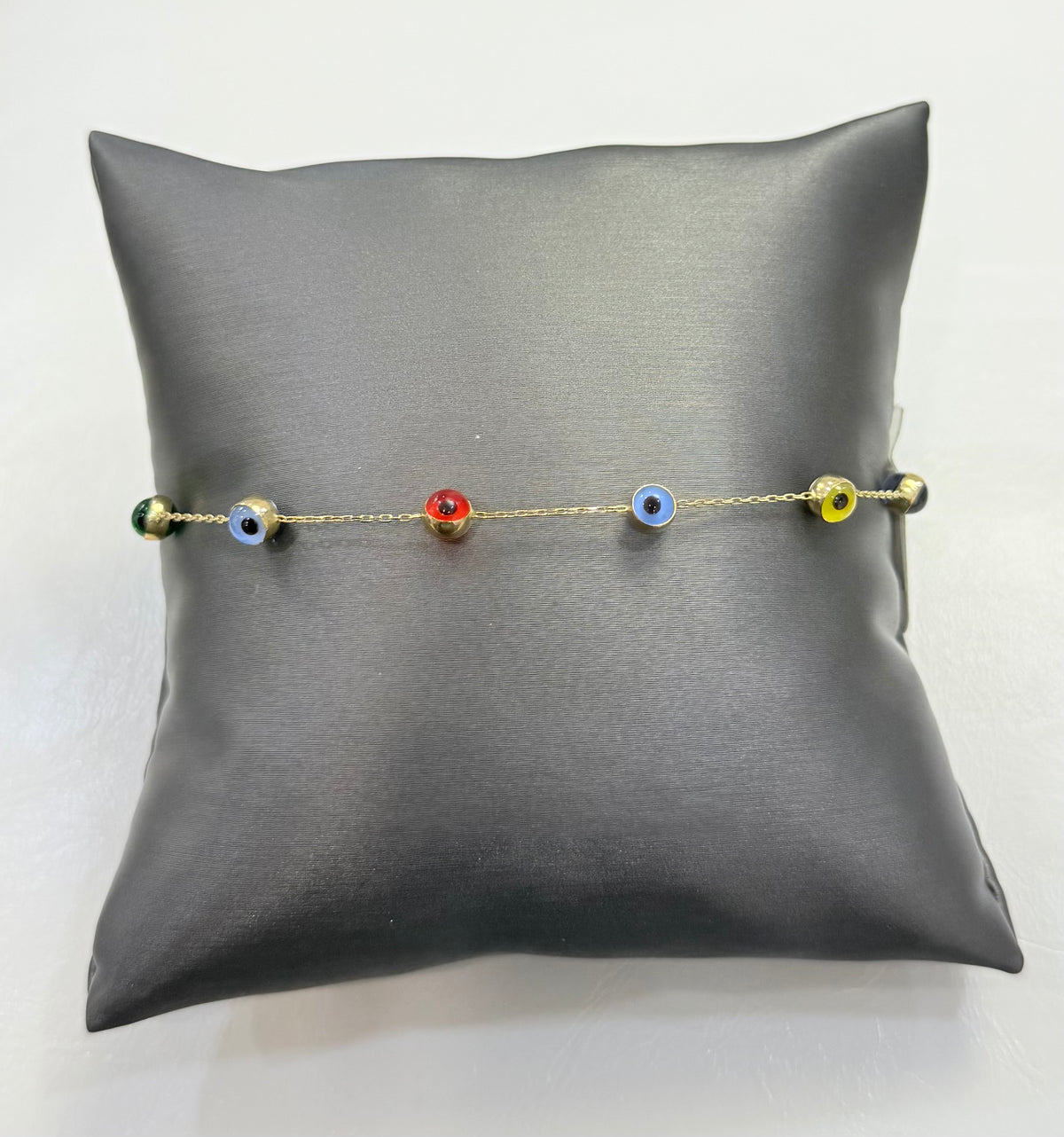 1156- NEW 14K Colorful Evil Eye Bracelet 7.5” (5/.8mm) W.G