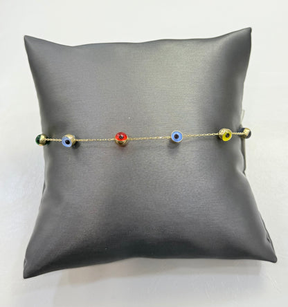 1156- NEW 14K Colorful Evil Eye Bracelet 7.5” (5/.8mm) W.G