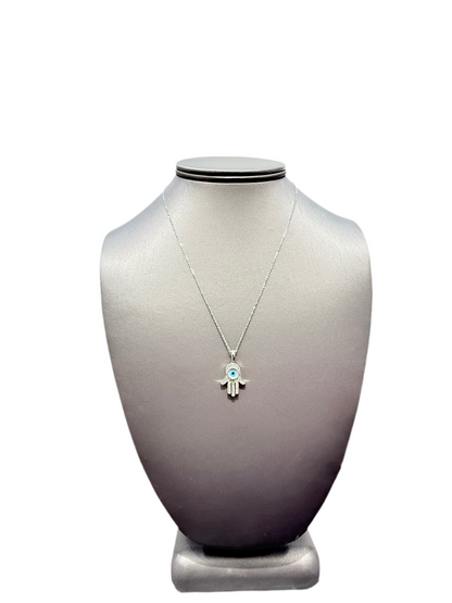 C30-14k White Gold Chain &  Hanssa Hand with evil eye Pendant SET (W.G)