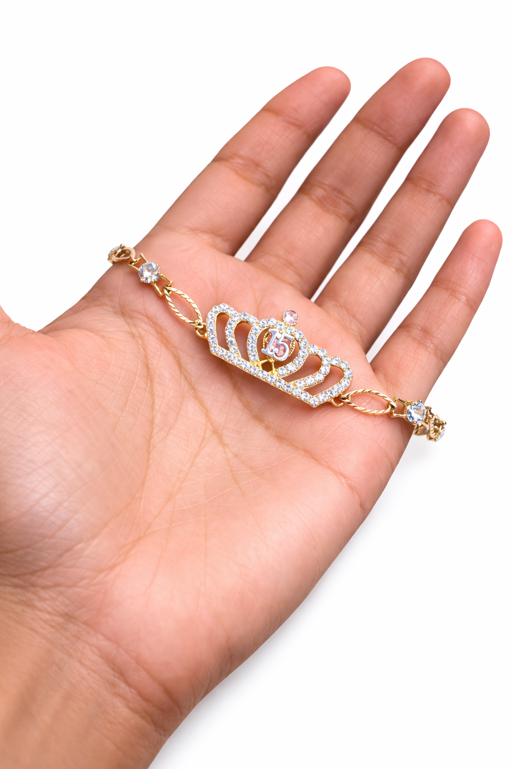 0019- NEW 14K“ Quinceañera” Crown Bracelet 7” (4mm)W.G