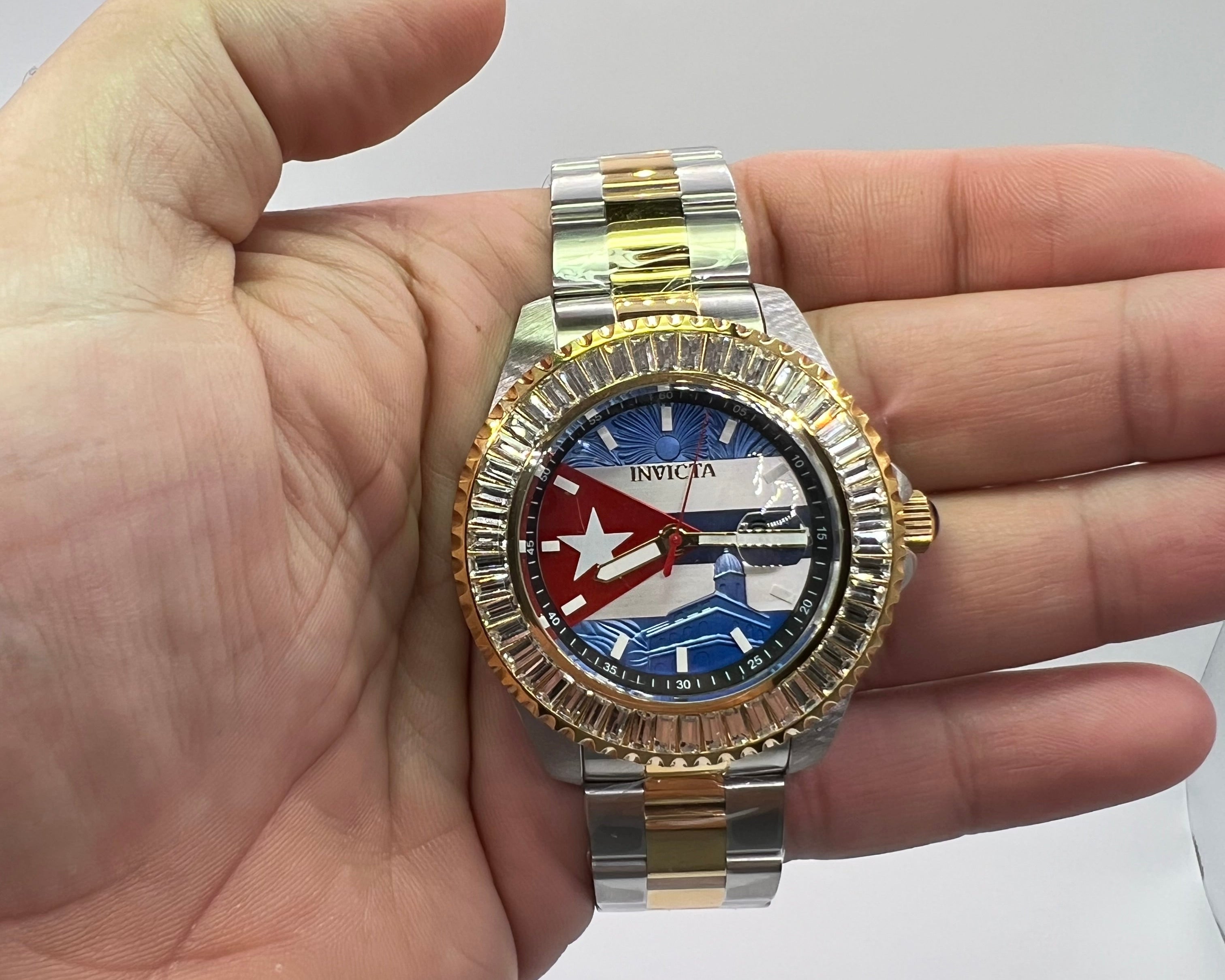 R54- Invicta Silver & Gold Band Cuban Flag Men's Watch -47mm
