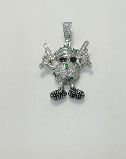 S412- NEW .925 Sterling Silver Egg Dollar Bills Guns Pendant W.G