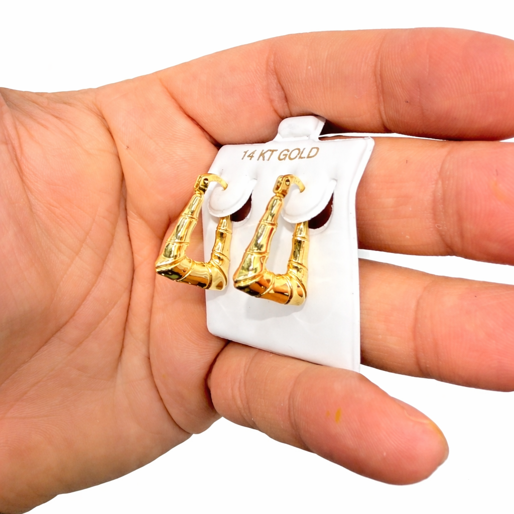 1062- NEW 14K Hollow Square Bamboo Hoop Earrings (20x17mm)W.G