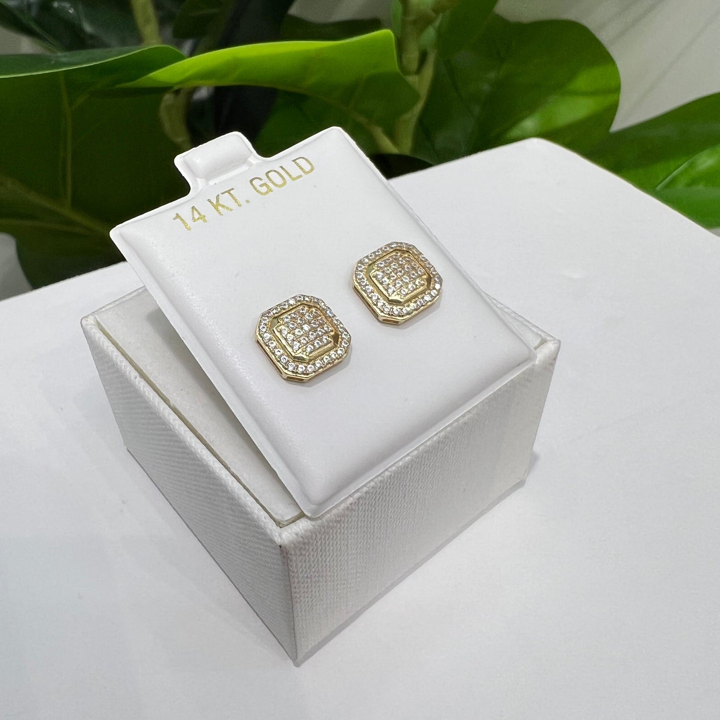 1365- NEW 14K Gold Square Full Cz Stud Earrings (10mm) W.G