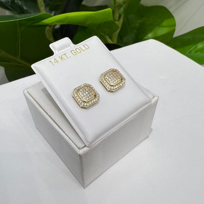1365- NEW 14K Gold Square Full Cz Stud Earrings (10mm) W.G