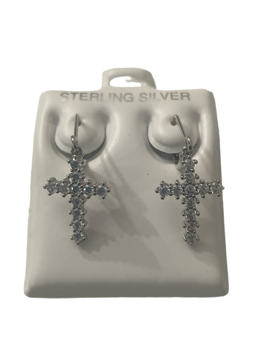 S687- Cz Stones Cross Dangling Earrings