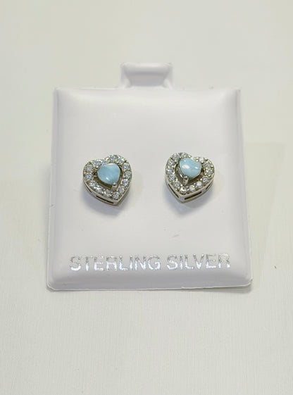 S882-New .925 Larimar Hearts Stud Earrings (9.38x9.27mm) W.G