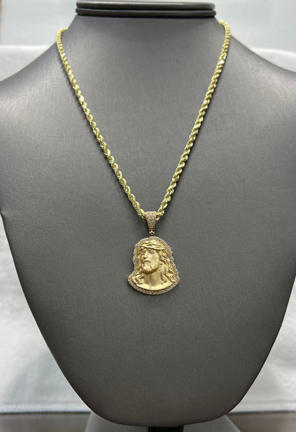 C74- NEW 14K Hollow Rope Chain 18" 3mm + Jesus 3D Pendant SET W.G