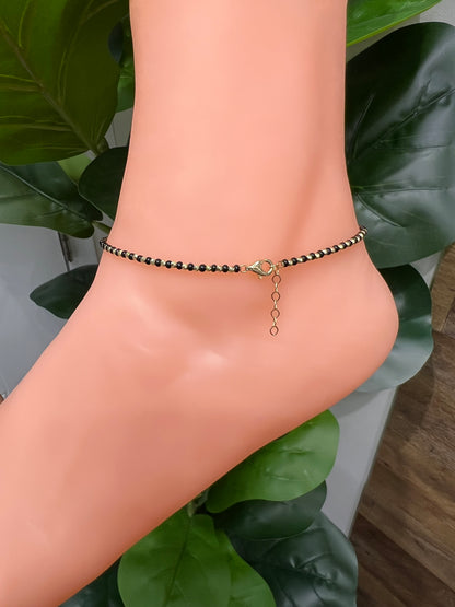 991- 14K Gold Black Beads Anklet Bracelet 10” (3mm) W.G